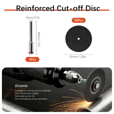 All Purpose Rotary Tool Gear Set Pro Grade 148 Piece Sanding Drums And Cutting Wheel Kit showing zirconia cut-off disc