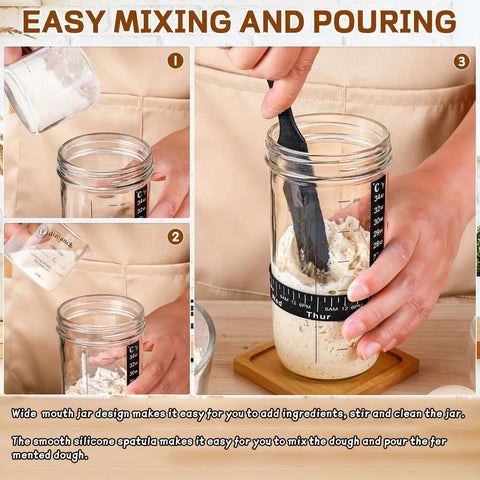 Ultimate Sourdough Starter Kit For Home Bakers And Bread Nerds with 24 oz glass jar and silicone spatula in use