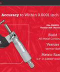 Vernier Ball Micrometer 050059 For Case Neck Thickness, Precision To 0.0001 Inch, 1 Inch Range, Ratchet Stop, Spindle Lock