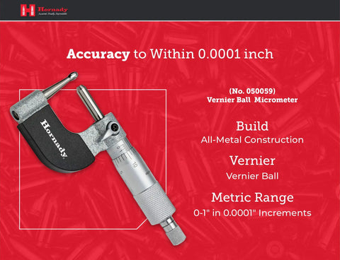 Vernier Ball Micrometer 050059 For Case Neck Thickness, Precision To 0.0001 Inch, 1 Inch Range, Ratchet Stop, Spindle Lock