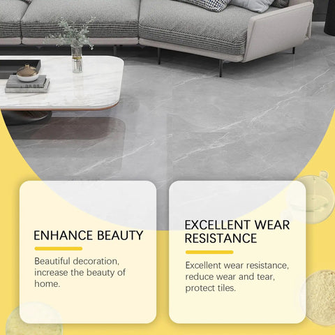 Living room with tile flooring, gray sofa, marble coffee table, focus on Chips And Cracks Tile Fix Kit With Color Match For Ceramic Porcelain And Stone Surfaces, Easy DIY Repair For Floors Walls Counters And Bathrooms, Two Piece Set