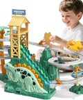 Child playing with Dinosaur Climbing Slide Toy With Racing Track For Toddlers 3 4 5 6 7 8 Light Up Music Themed Car Track Set Staircase Playset