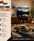 Top Tier Anti Tip Furniture Safety Straps Keep Your Cabinet And Entertainment Center Units Rock Solid Peel Press Adhesive Mount With Wall Screw Anchor Stops Dangerous Wobbling Cold in a living room setting with a TV on an entertainment unit.