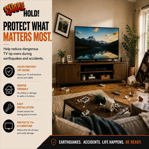 Top Tier Anti Tip Furniture Safety Straps Keep Your Cabinet And Entertainment Center Units Rock Solid Peel Press Adhesive Mount With Wall Screw Anchor Stops Dangerous Wobbling Cold in a living room setting with a TV on an entertainment unit.