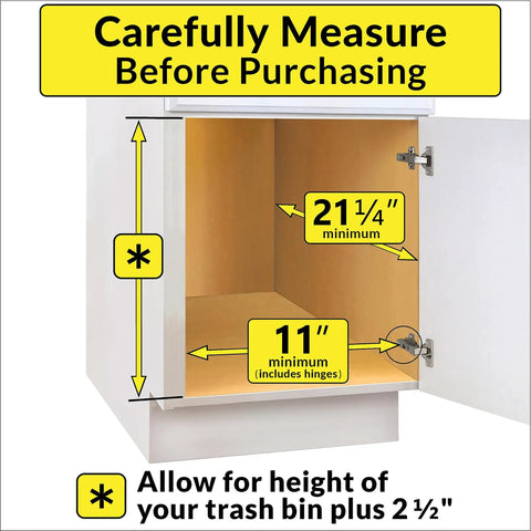Inside view of kitchen cabinet showing measurements for Heavy Duty Adjustable Cabinet Pullout Organizer, Real Deal Sliding Trash Can Drawer Rack.