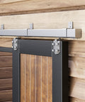 Side view of installed 8FT Exterior Sliding Barn Door Hardware Kit With Box Rail Track 450 Lb Capacity Silver Weather Resistant Steel