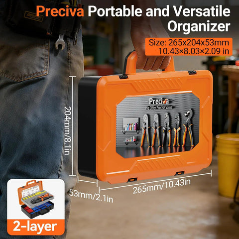 Person holding an orange Preciva portable and versatile tool organizer with 2-layer storage and tools inside, size 265x204x53mm.