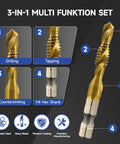 13 Piece Combination Tap Set With HSS Titanium Coated Threading Taps, SAE And Metric Sizes, 3-in-1 multi-function features