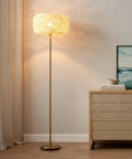 Rowan Brass Floor Lamp With Unique Thread Shade, Free Standing LED Light for Living Rooms and Bedrooms in a cozy setting