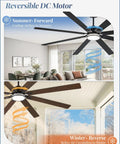 84 Inch Farmhouse Ceiling Fan With Light For Indoor Outdoor Use Waterproof Dimmable LED, installed in living room and patio.