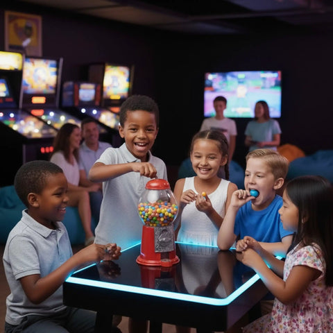 Children enjoying a Killer Vintage Style Red Cast Metal 11 Inch Self Serve Gumball Candy Dispenser Holds Sweet Treats.