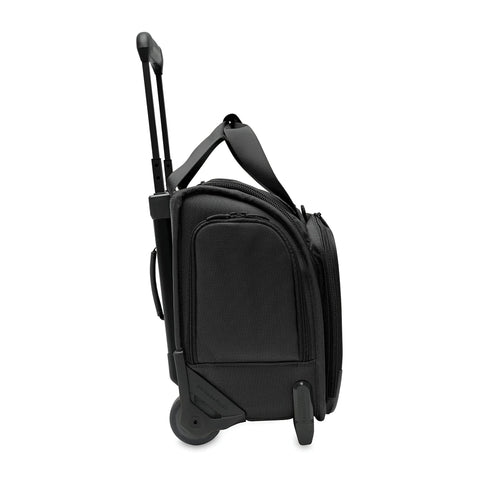 Briggs & Riley Baseline 2-Wheel Cabin Bag, black softside carry-on with telescoping handle and wheels (side view)