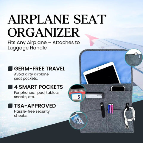 The Low Key Essential Airplane Seat Back Organizer Expands Over Tray Tables to keep carry on gear tidy; features 4 pockets.