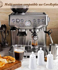 Front view of Breville espresso machine with four white water filter cartridges (4-pack) in foreground.