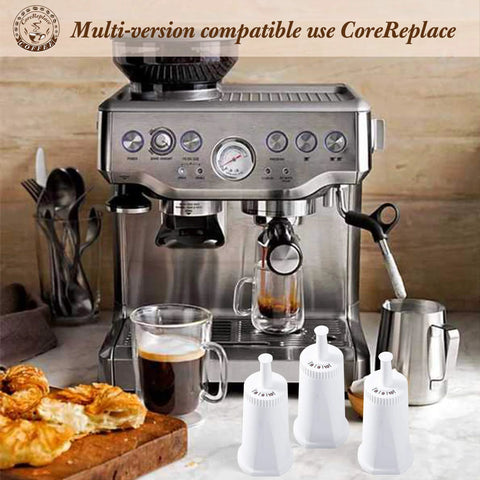Front view of Breville espresso machine with four white water filter cartridges (4-pack) in foreground.