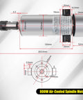 Diagram of 800W 110V CNC Spindle Motor Air Cooled 52mm ER16 with dimensions, showing detailed measurements