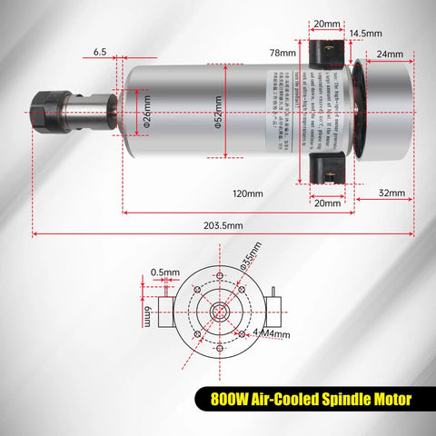 Diagram of 800W 110V CNC Spindle Motor Air Cooled 52mm ER16 with dimensions, showing detailed measurements