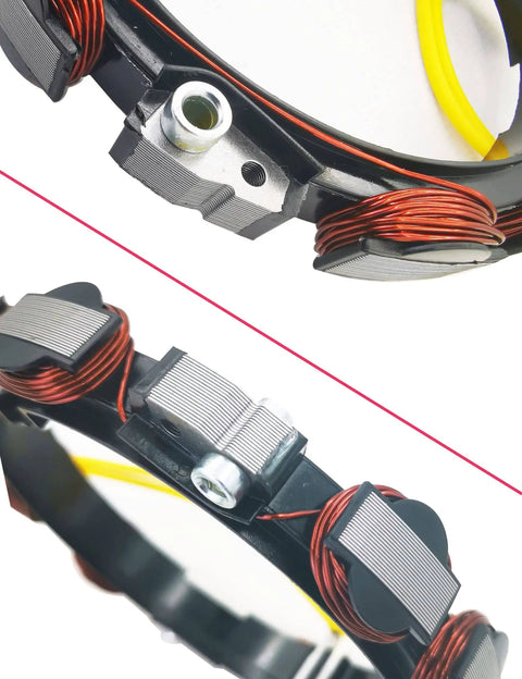 Alternator Stator Kit For 18 To 24 HP Lawn Mowers With 10 To 16 Amp Charging, close-up view of coils and hardware