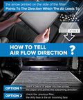 Instructions for determining air flow direction on a cabin air filter for Volkswagen vehicles, featuring arrows and filter placement.
