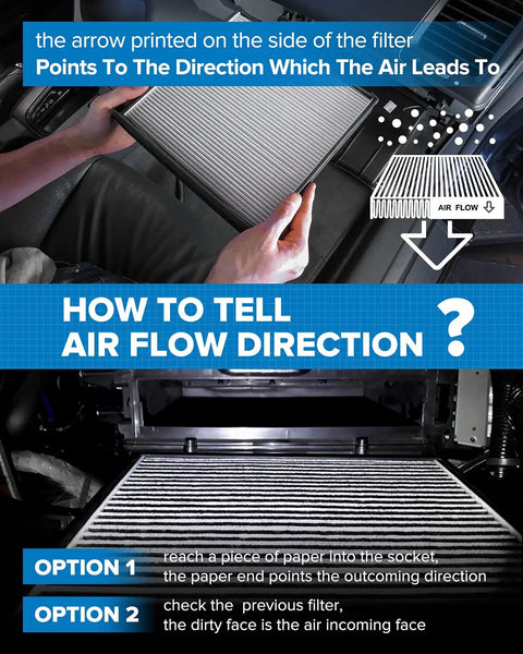 Instructions for determining air flow direction on a cabin air filter for Volkswagen vehicles, featuring arrows and filter placement.
