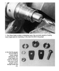 Book page showing metal lathe spindle with threaded chuck; lower image displays assorted gauge parts and fasteners.