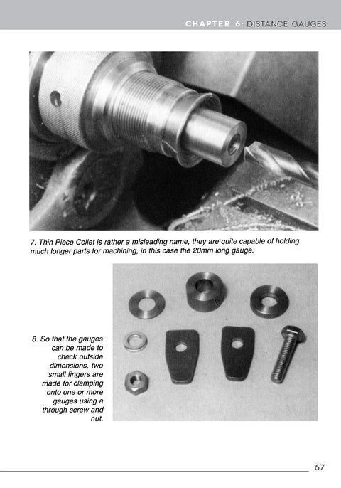 Book page showing metal lathe spindle with threaded chuck; lower image displays assorted gauge parts and fasteners.
