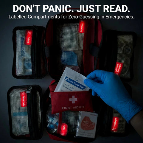 Open red 556-piece premium large first aid kit with labeled compartments and a blue-gloved hand placing a gauze pad.