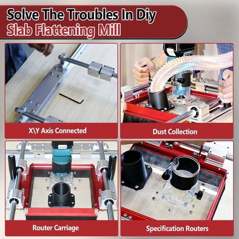 Dust Collection Router Sled Kit For Slab Flattening With 20mm Rails And SBR20UU SCS20UU Slides shown in four-step assembly