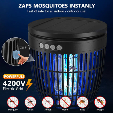 Outdoor Solar Bug Zapper 4200V Mosquito Killer with RGB Projector and Flame Lights, black, showcasing electric grid and size.