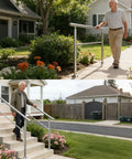 Heavy Duty 4 Step Outdoor Handrail With Balusters Bulletproof 304 Stainless Steel Stair Railing For Exterior Steps And Porch Safety Slick Silver Finish Straight Up Easy Install Pure Quality with person using it.