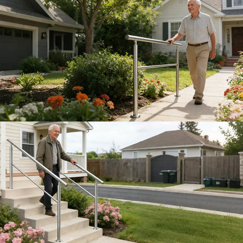 Heavy Duty 4 Step Outdoor Handrail With Balusters Bulletproof 304 Stainless Steel Stair Railing For Exterior Steps And Porch Safety Slick Silver Finish Straight Up Easy Install Pure Quality with person using it.