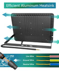 Back view of Outdoor LED Flood Lights 200W 2 Pack IP66 Waterproof Bowfishing Lights showing aluminum heatsink and wiring