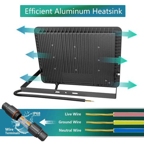 Back view of Outdoor LED Flood Lights 200W 2 Pack IP66 Waterproof Bowfishing Lights showing aluminum heatsink and wiring