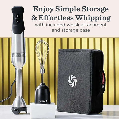 Total Kitchen Badass Five Speed Immersion Blender Bundle With Easy Swap Whisk And Rugged Storage Case 625 Watt Heavy Duty Hand Mixer, stainless steel and black components.
