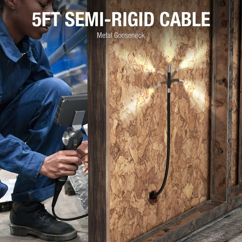Two Way Articulating Borescope With Light, 5 inch IPS endoscope camera showing 5 ft semi-rigid gooseneck in use