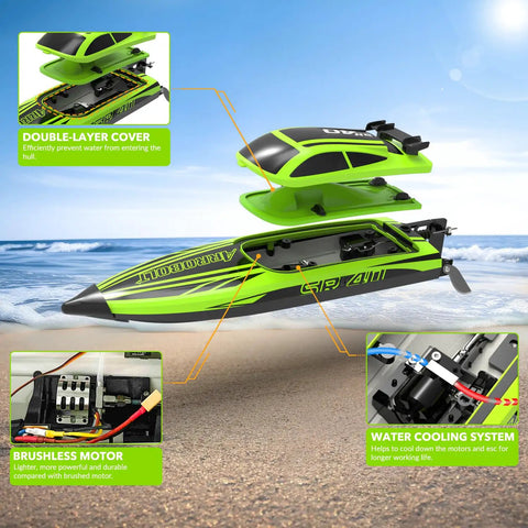 Brushless RC Boat For Adults With Dual Rechargeable Batteries, High Speed Remote Control Boat Reaching 30 Plus MPH On Lakes, Green 79705