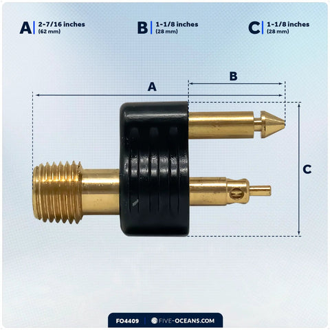 Brass Quarter Inch NPT Male Fuel Tank Connector For Mercury Outboard Engines Post 1998 Ethanol Ready Fuel Line Adapter Easy Hookup With FO2900 Female Connectors And Yamaha shown with measurements