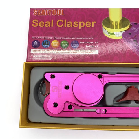 Pro Grade Hydraulic Seal Installation Tool Kit Version 5.0 in box with bright pink seal clasper shown