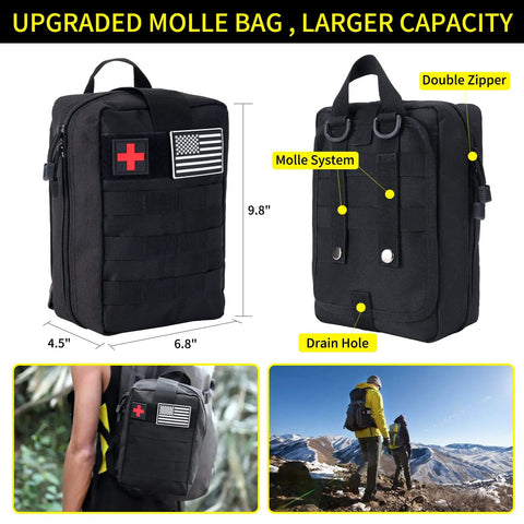 All In One 160 Piece Survival And First Aid Kit For Outdoors With Upgraded MOLLE Bag shown with straps and outdoor use