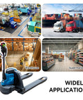 Solid Electric Pallet Jack With 3300 Lbs Capacity And Removable Lithium Battery For Heavy Lifting On Forks Plus Smooth Docks Factory Ride in warehouse setting.