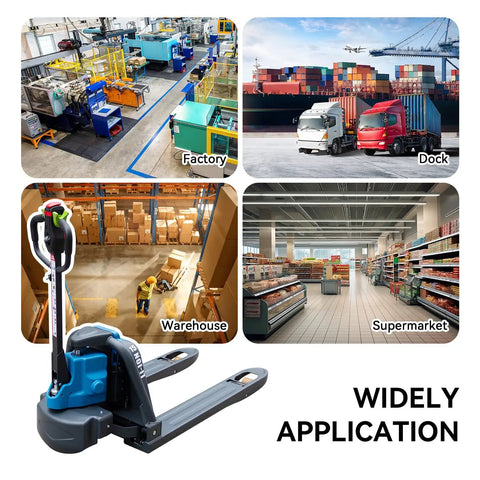 Solid Electric Pallet Jack With 3300 Lbs Capacity And Removable Lithium Battery For Heavy Lifting On Forks Plus Smooth Docks Factory Ride in warehouse setting.