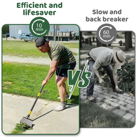 Comparison of efficient use of All In One Garden Flat Shovel With A 60 Inch Long Handle Heavy Duty Floor Scraper vs traditional weeding