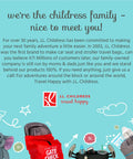 Childress family message with child-friendly graphics and travel bags, featuring Elite Padded Travel Bag For Doona And Evenflo Shyft Dualride Infant Car Seats