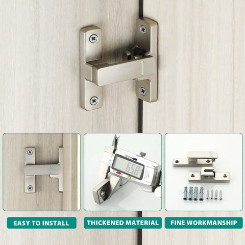 90 180 Degree Flip Door Lock Latch With Nighttime Glow installed on a wood cabinet, highlighting its zinc alloy material and ease of installation.