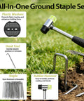 All In One Garden Stake Staples Kit With 100 6 Inch U Shaped Staples 100 Fixing Washers Rubber Mallet Pick Hook And Carry Bag For Weed Barrier Fabric Ground Cover Fence Posts And Artificial Turf, showing hammer and staples in use in garden.