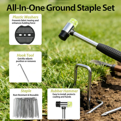 All In One Garden Stake Staples Kit With 100 6 Inch U Shaped Staples 100 Fixing Washers Rubber Mallet Pick Hook And Carry Bag For Weed Barrier Fabric Ground Cover Fence Posts And Artificial Turf, showing hammer and staples in use in garden.