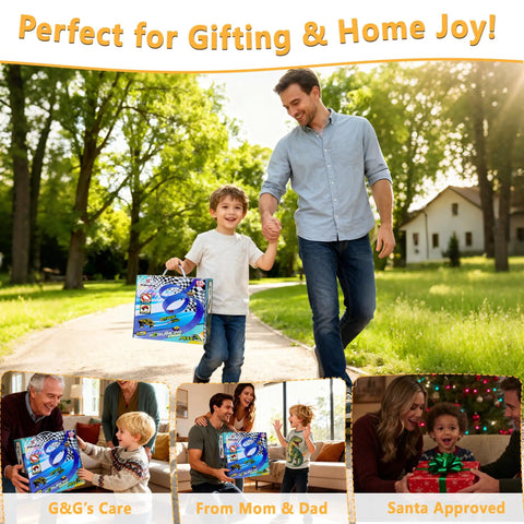 Father and son outdoors with Flexible 16Ft Race Track Set With Roll Up Storage And Six Diecast Cars For One Sixty Four Scale Play Setup Is A Breeze And Unfolds In Seconds Suction Cups And Hooks For Smooth Surfaces Ideal For Kids Aged 3 Plus in hand; three small images show different gifting scenarios.