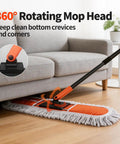 36 Inch Commercial Janitor Broom And Dust Mop Set Heavy Duty Workhorse With Telescopic Pole And Three Pack Cotton Pads No Sweat Cleanup For Tile Concrete And Garage Floors, showing 360° rotating mop head under couch.