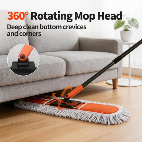 36 Inch Commercial Janitor Broom And Dust Mop Set Heavy Duty Workhorse With Telescopic Pole And Three Pack Cotton Pads No Sweat Cleanup For Tile Concrete And Garage Floors, showing 360° rotating mop head under couch.