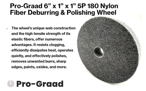 Boss Grade 6 Inch Nylon Fiber Deburring Wheel With 180 Grit Silicon Carbide, designed for polishing and deburring metal surfaces.